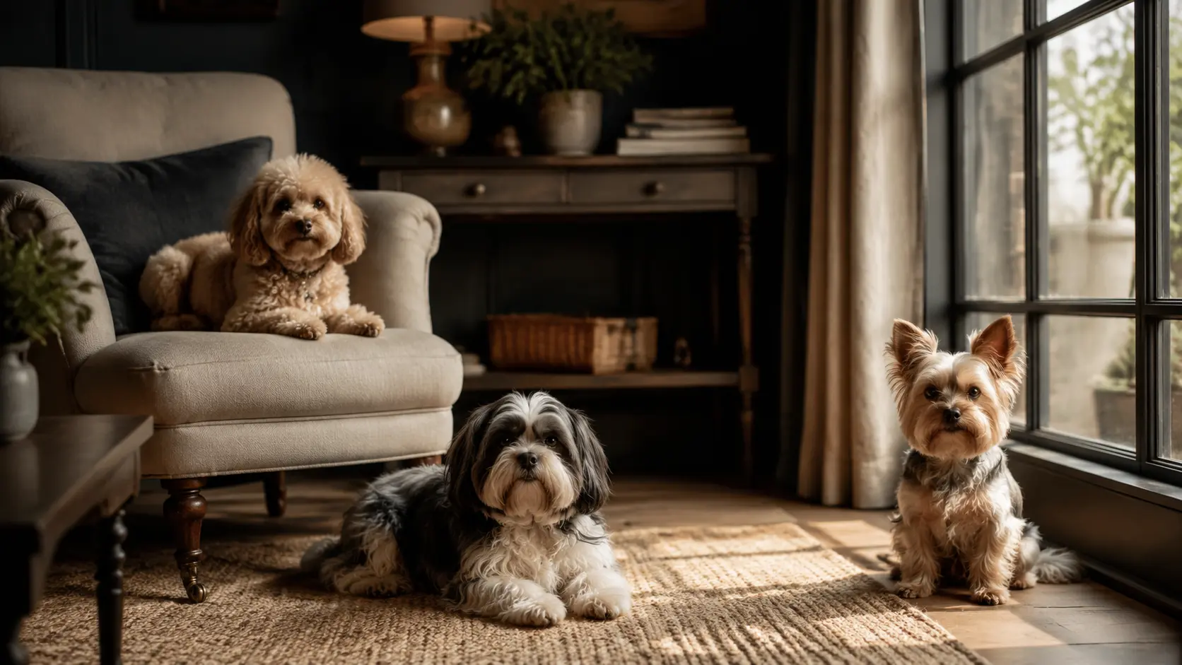 Three little dogs relaxing in a refined home lounge